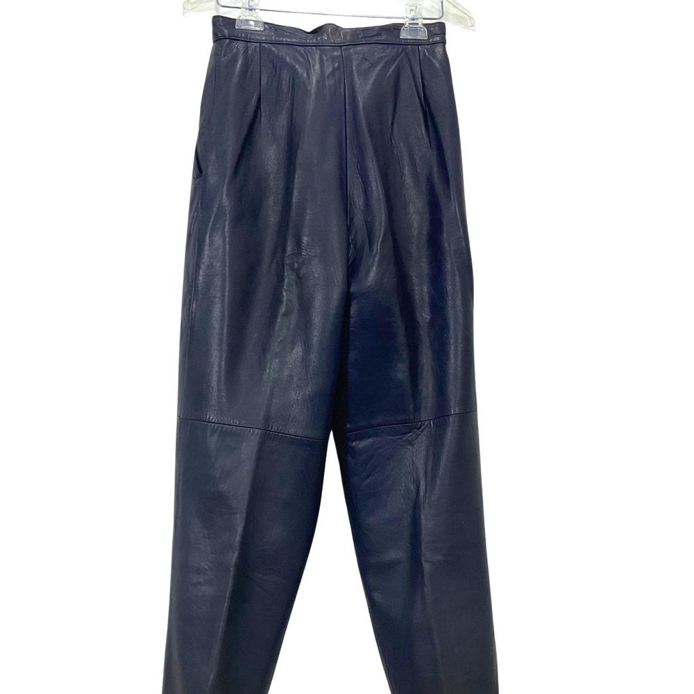 Vintage Blue Leather Pants Womens Pleated Front Side Pockets Cuffed Hem Sz Small